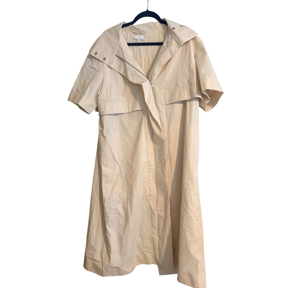 COS Cotton Beige Short Sleeve Trench Dress Zip Front Open Back Utility Midi US 6